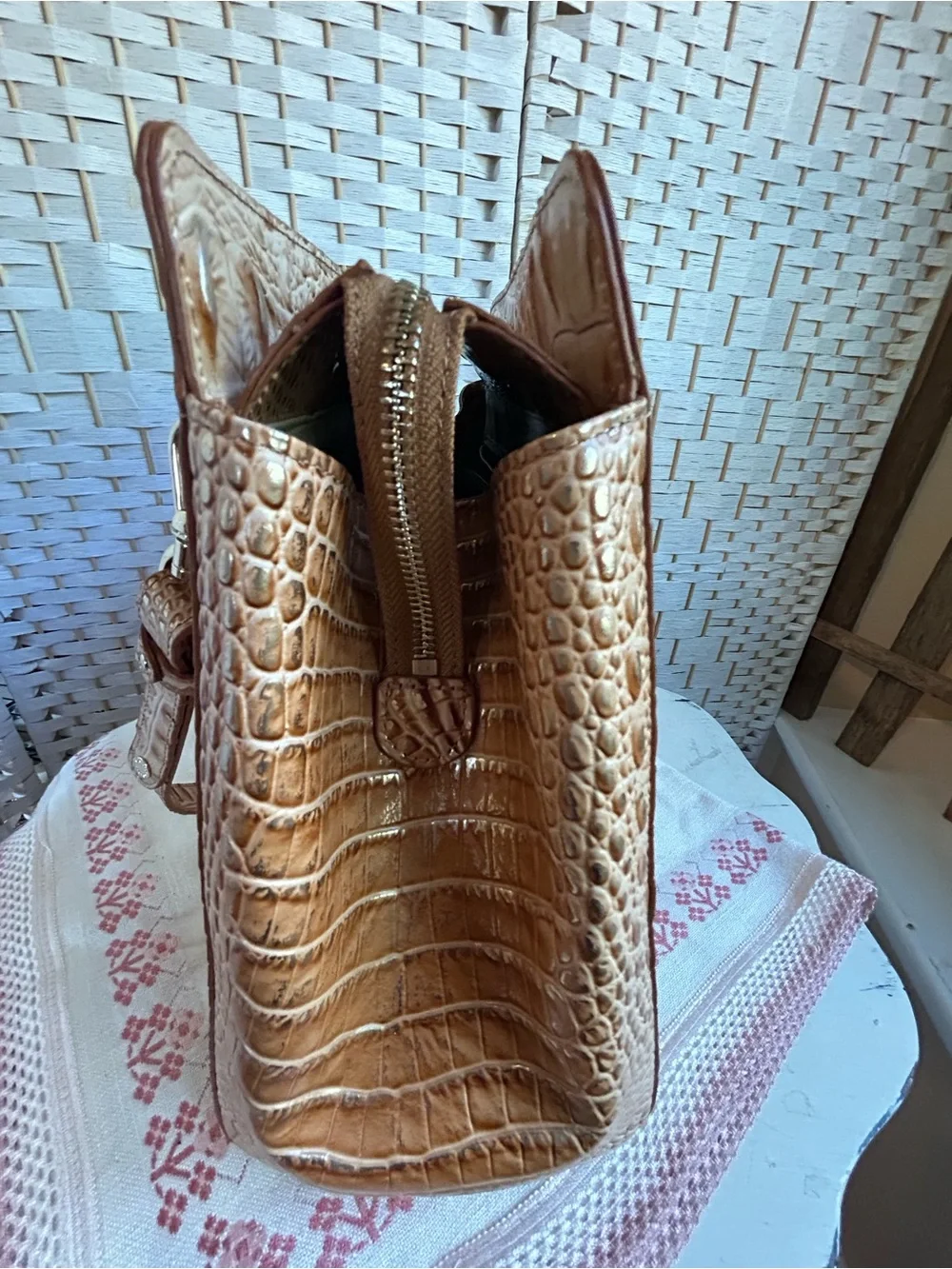 BRAHMIN FINLEY Driftwood Tan Metallic Croc-Embossed Satchel Tote Bag Office